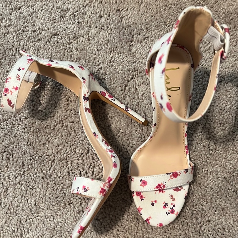 White Rosebud Suede Ankle Strap Heels